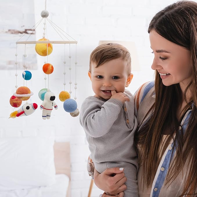 Glaciart One Space Nursery Felt Mobile - Colorful Decor for Crib, Baby Rooms - Handmade, Child-Safe Wood, Felt Wool & Cotton - Solar System Decoration for Girls & Boys - 10x20Inch
