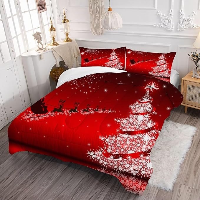 kxry Merry Christmas Comforter Set Santa Claus Deer Christmas Tree Galaxy Red Bedding Quilt Full Size for Girls Boys Kids 1 Comforter + 2 Pillow Cases