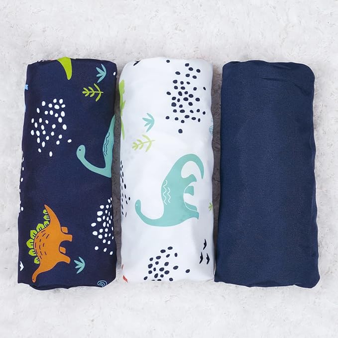 PHF 3 Pack Soft Bassinet Sheets, Dinosaur Breathable Comfy Cradle Sheets for Baby Boys, No Slip Universal Fit for Most Cradle and Bassinet Mattress, Navy Dinosaur