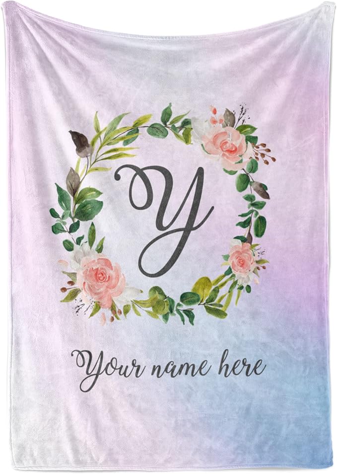 Personalized Girls Throw Blanket with Custom Name | Plush Warm Fleece for Bedding or Decorative Room Decor | Cute Kids Bed Covers | Boho Monogram Flowers (Fleece, 30x40)