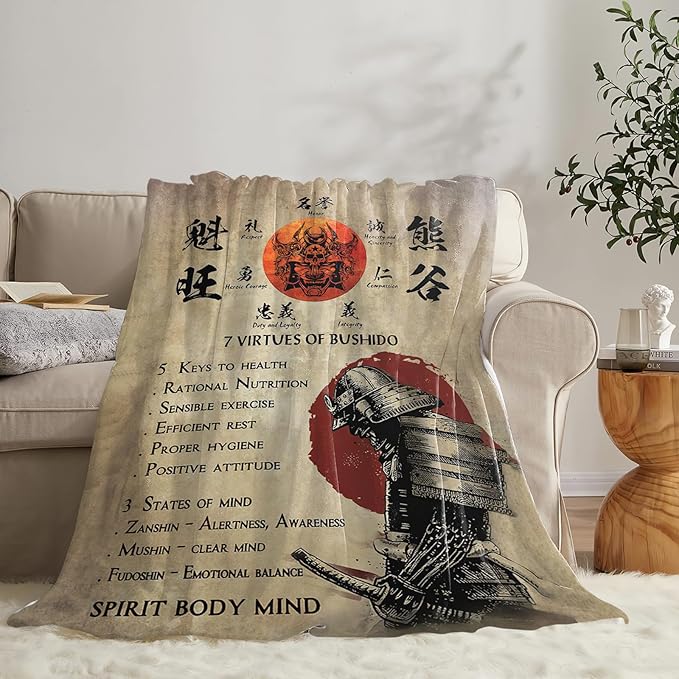Tijuboni Japanese Samurai Throw Blanket Japanese Warrior Gifts for Men Women Girls Boys Kids Adults Soft Flannel Fleece Blanket for Couch Sofa Bed Home Decor 50"x60"
