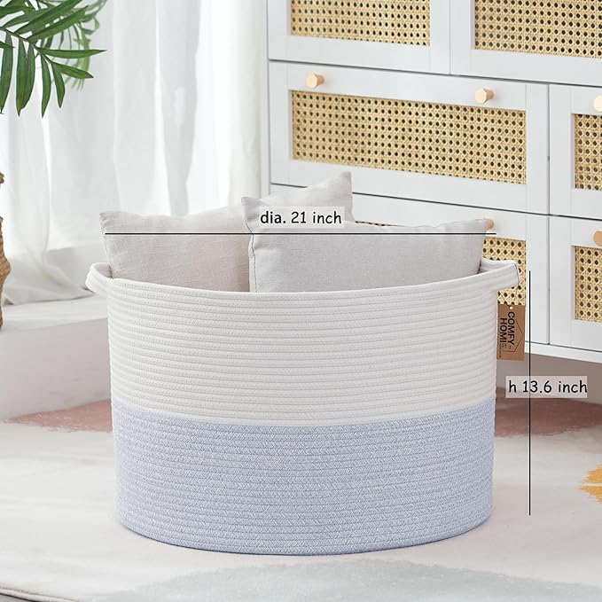 COMFY-HOMI XXXL Large Laundry Basket, Cotton Rope Nursery Woven Basket for Storage, Blanket Baskets Living Room Laundry Hamper, Dog Toy Storage Organizer, Home Decor-21''x21''x13.6''-White/Blue