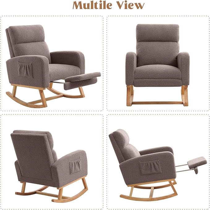 Rocking Chair Nursery with Foot Rest, Nursing Rocking Chairs for Mom Nursery, Teddy Rocker Glider with High Backrest for Living Room, Bedroom, Coffee