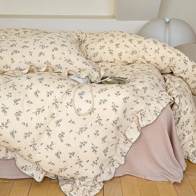 BuLuTu Chic Shabby Vintage Floral Duvet Cover Twin for Kids Girls Boys 100% Cotton Muslin Ruffled Quilt Cover Twin, 68"x86", Hyacinth Print, Soft Breathable, Zipper Closure, No Pillowcase