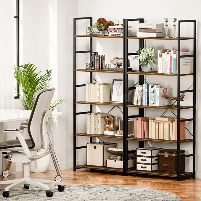 NUMENN 5 Tier Bookshelf, Set of 2 Tall Bookcase Shelf Storage Organizer, Modern Book Shelf for Bedroom, Living Room and Home Office, Vintage