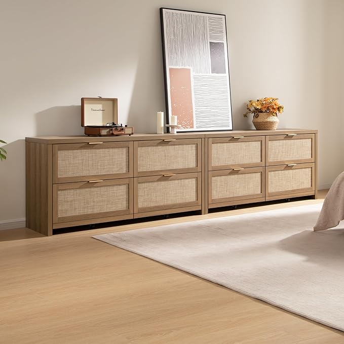 SICOTAS Large Dresser for Bedroom Set 2, Rattan Dressers with 4 Deep Drawers, Long Chest of Drawers for Closet, Farmhouse TV Stand (Reclaimed Caramel Oak, 4 Drawers (2 pcs))