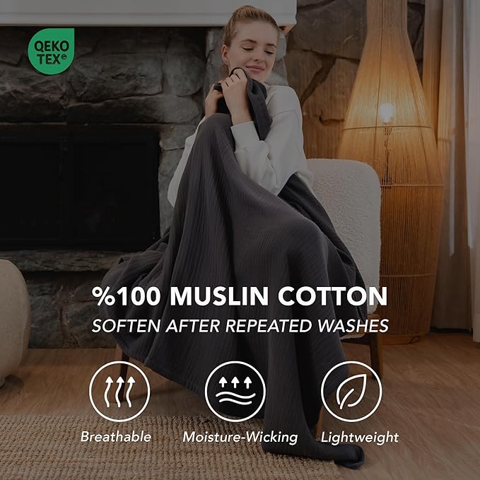 Goqan Muslin Blanket Twin 55x79 – 100% Cotton 4 Layer Boho Muslin Blanket for Adults, Lightweight, Soft, Breathable - Dark Grey