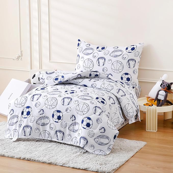 LONAVA Twin Kids Comforter Set - 4 Pieces Twin Bedding Sets for Boys Girls Children, Ultra Soft Microfiber Bed in A Bag with Flat Fitted Sheets, Ball Sports
