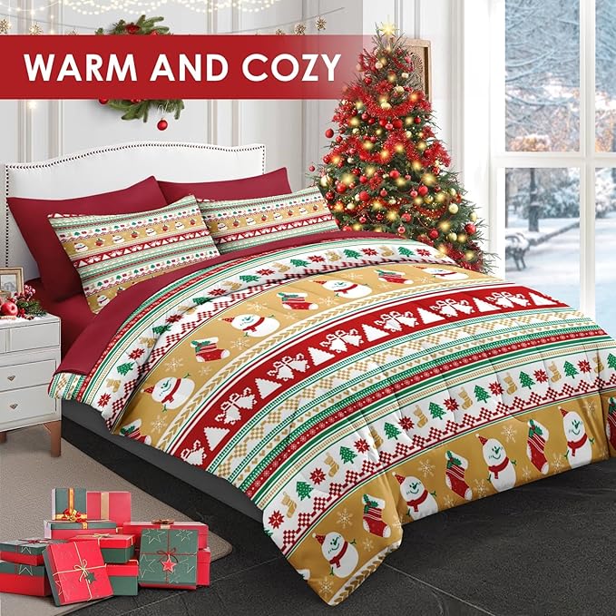 7 Pcs King Size Christmas Comforter Set with 2 Pillowcases & 2 Shams, Cute Snowman Bedding for Kids and Adults, Snowflake Xmas Socks Bed in a Bag with Flat Fitted Sheet
