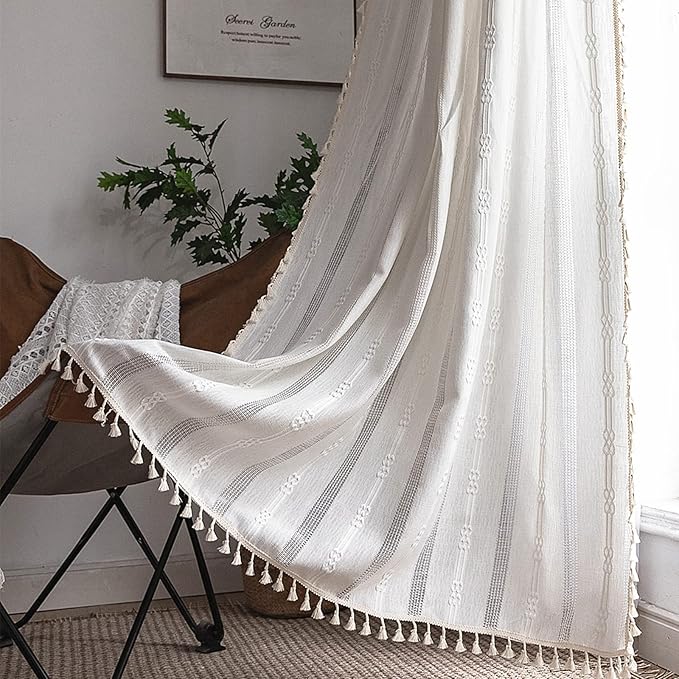 Deeprove Boho Curtain 84 Inches Long, Cotton Linen Nordic Scandinavian Style White Stripes Embroidery Shabby Chic Hollow Geometric, Semi Blackout Window Vintage Drape Tassels, 1 Panel W52 x L84