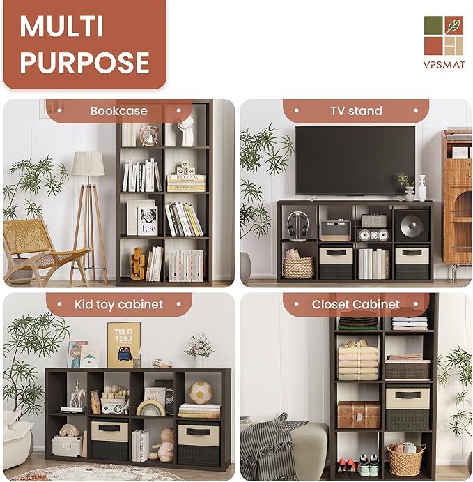 14.6" x 30" x 57.9" Eight Cubes Storage Shelf, Wooden Cube Storage Organizer with 8 Cubbies, 8 Cubbies Shelf for Bedroom, Office, Living Room, Playroom, Dark Brown