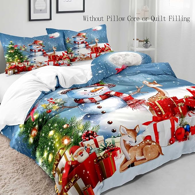 LUVIVIHOME 3PCS Cute Snowman Duvet Cover king Bedding Set, Christmas Bedding, Santa Claus Deer Cardinal Christmas Tree Winter Holiday New Year Xmas Gifts Christmas Comforter Quilt Cover 2 Pillow Shams