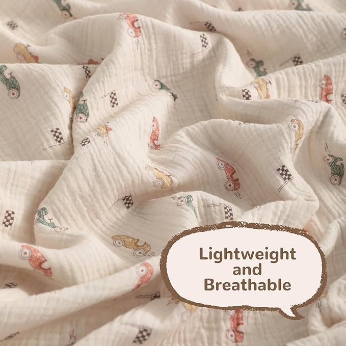 NTBAY 4 Layer Muslin Cotton Toddler Blanket, 30x40 Soft and Breathable Receiving for Newborns and Infants, Perfect for Crib, Stroller, Travel, Lightweight Nursery Blanket, Retro Race Car