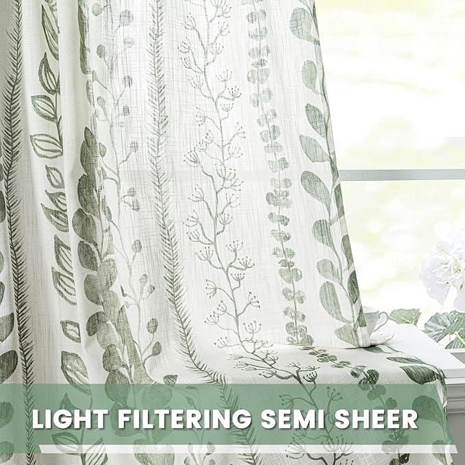MEETSKY Sage Green Curtains 95 Inches Length 2 Panels Boho Curtains for Living Room Light Filtering Patterned Drapes for Bedroom Linen Style Back Tab Leaf Print Window Treatment, 50” Wide Each Panel
