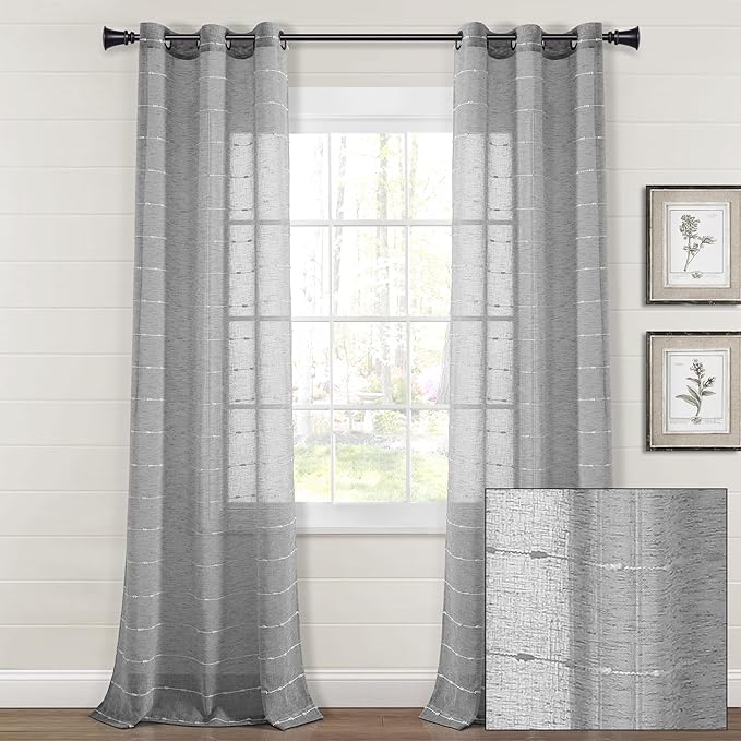 Lush Decor Farmhouse Textured Grommet Sheer Window Curtain Panel Pair, 38"W x 84"L, Dark Gray
