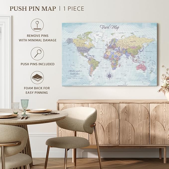 ElephantStock - Push Pin Travel Map World I Wall Art - Horizontal Canvas Wall Art - Living Room Wall Decor - Printmaking Map Canvas Art - Blue And Beige Decor - 24" x 16"