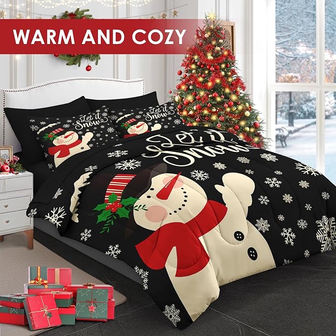 7 Pcs Full Size Christmas Comforter Set with 2 Pillowcases & 2 Shams, Black Cartoon Snowman Bedding for Kids and Adults, Retro Snow Scene Bed in a Bag with Flat Fitted Sheet