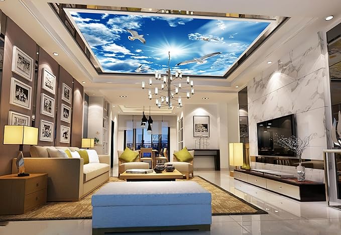Blue Sky, White Clouds, Sunshine Seagull Ceiling Wall Mural Wallpaper 137" x 100"