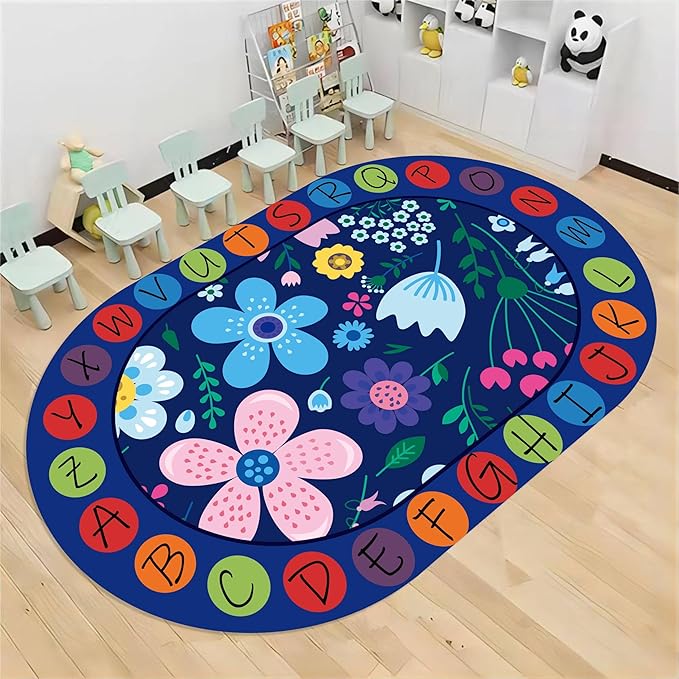 Kids Educational Oval Rug, 5x7ft, ABC Alphabet Learning Play Mat, Cute Colorful Flowers Plants Designs Rugs, Non-Slip Washable Carpet for Bedside Boys Girls Teens Room Nursery Decor Floor Mat