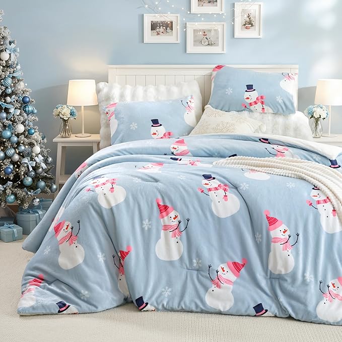 JANZAA Christmas Queen Comforter Set, Blue Flannel Comforter with Snowman Pattern, Soft Cozy Lightweight Bedding Set Fluffy Comforter Set 1 Queen Comforter(90"*90") and 2 Pillowcases (20"*26")