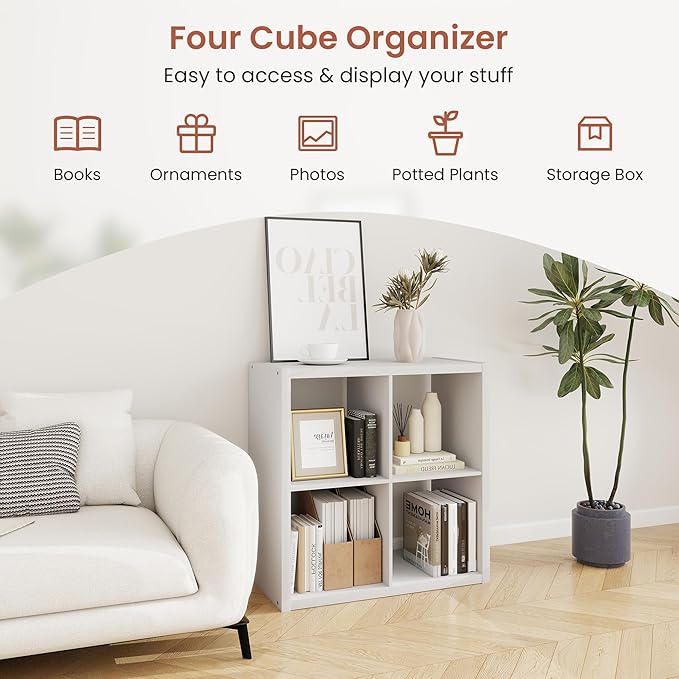 2 x 2 White Cube Storage Organizer, 14.6" x 30" x 30" Wood Cubby Shelf with Four Organized Spaces, Four Cube Organizers Bookcase for Bedroom, Living Room, Playroom, White