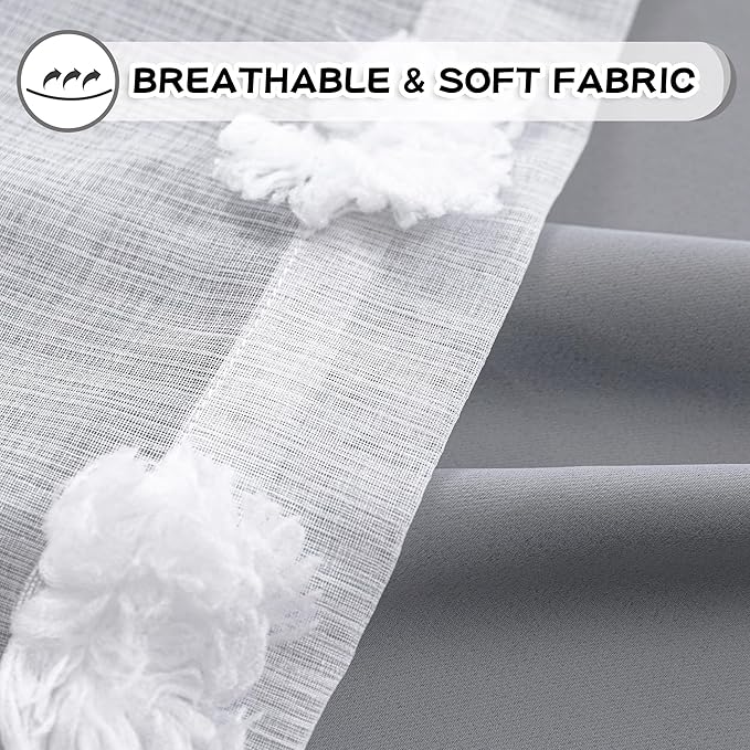 MYSKY HOME Grey Curtains for Bedroom 72 Inches Long Blackout Curtains Pom Pom White Sheer Curtains for Boys Room Double Layer for Toddler Bedroom Grommet Room Darkening Window Panels 52 x 72 Inch