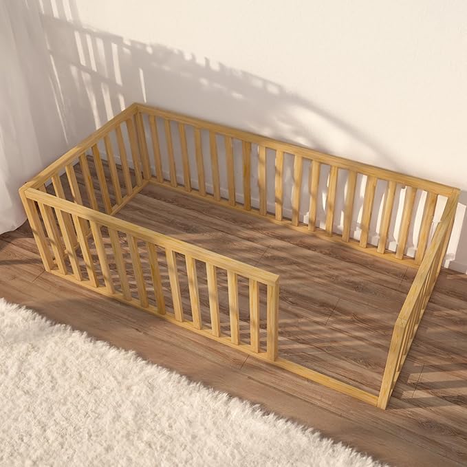 Montessori Floor Bed for Kids | Toodlers Floor Bed with Safety Guardrails | Pine Wood Baby Bed | Sturdy Wood Frame Bed for Girls and Boys (Full, Height : 17 Inches)
