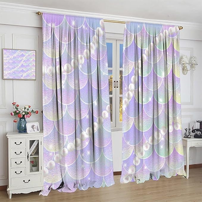 Mermaid Curtains, Gradient Color Pink Purple Pearl Ocean Theme Mermaid Fish Scale Print Decoration Suitable for Children Girls Bedroom Nursery Curtains 55x63 Inch