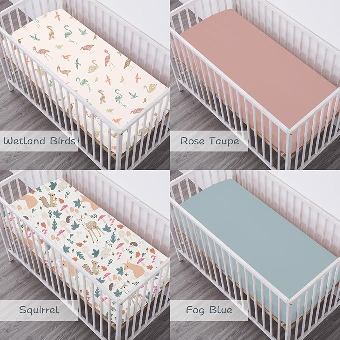 Bimocosy Crib Sheets for Boys Girls, Fitted Crib Sheet 4 Pack for Standard Crib and Toddler Mattresses, Super Soft Breathable Microfiber Baby Sheet 28x52x8in, Wetland Birds/Squirrel/Mauve/Fog Blue