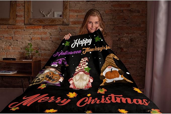 Thuswarm Happy Halloween Thanksgiving Christmas Flannel Throw Blanket Soft Warm Gnomes Print Blankets for Bed Couch Sofa Room Decoration Gifts 60”×50” Medium for Teen