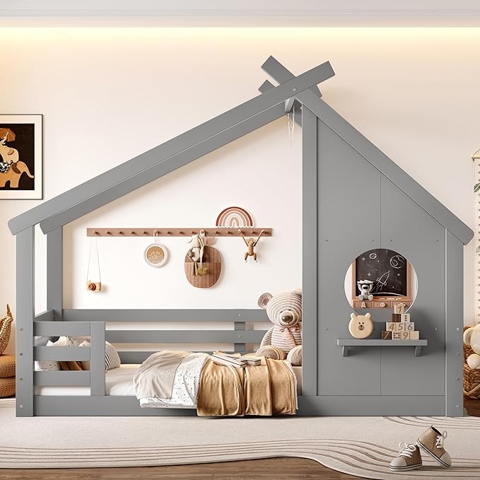 SOFTSEA Twin Size Floor House Bed with Roof, Solid Wood Montessori Bed Frame with Slats and Guardrails, Kids Playhouse Floor Bed for Boys Girls, No Spring Box Needed, Grey