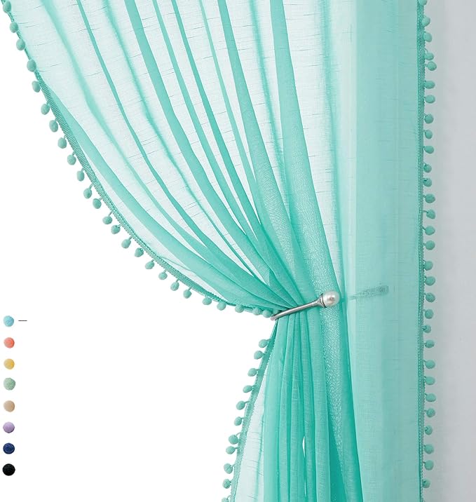 Treatmentex Pompom Sheer Curtain Panels 84inch Long Living Room Bedroom Window Curtain Drapes for School, Kindergarten 52" Width Each Panel. 1 Pair Rod Pocket Aqua