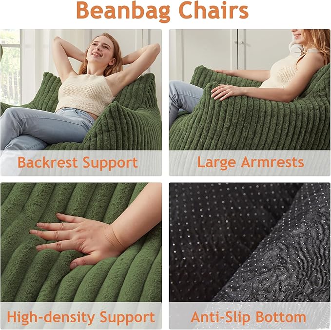 Giant Bean Bag Chairs for Adults with Filling Plush Fluffy Bean Bag Chairs for Teens with Armrests Comfy BeanBag Lazy Couch Sofa Chair for Bedroom Living Room Reading (Green, M-for Teens/Adults)