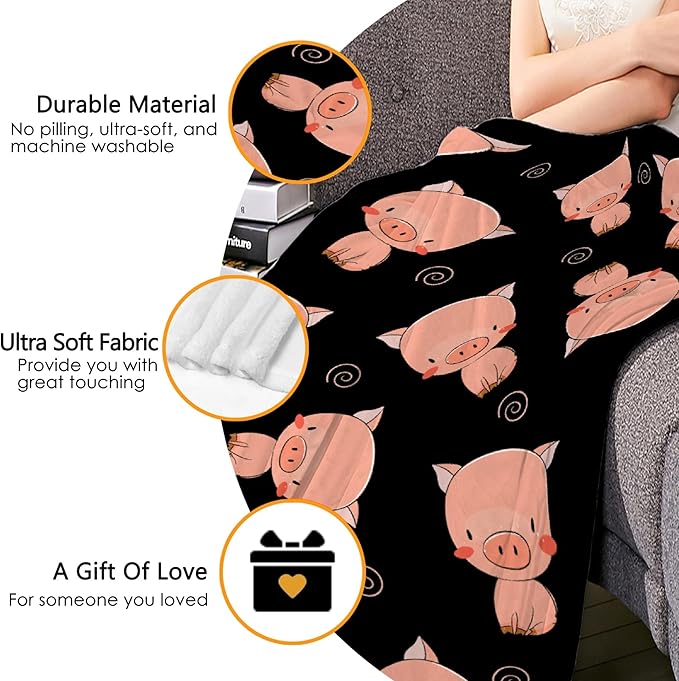 Thuswarm Cute Piggy Kawaii Pig Black Flannel Throw Blanket Warm Cozy Soft Funny Print Blankets for Bed Couch Sofa Room Decoration Gifts 120"×90" Extra Large for Family