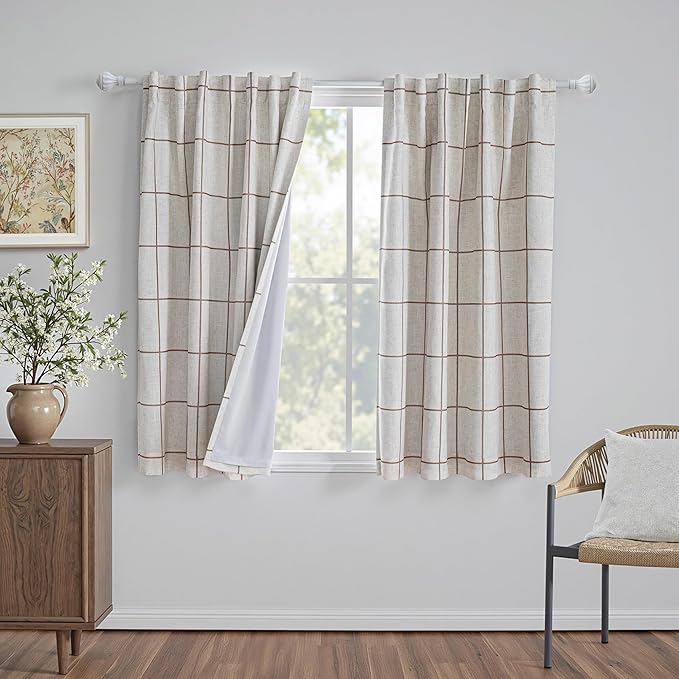 MYSKY HOME 100% Blackout Plaid Linen Curtains 45 Inches Long Double Layer Farmhouse Thermal Insulated Checkered Print Drapes with Rod Pocket Back Tab for Small Window, 2 Panels, 52" Wide, Brown
