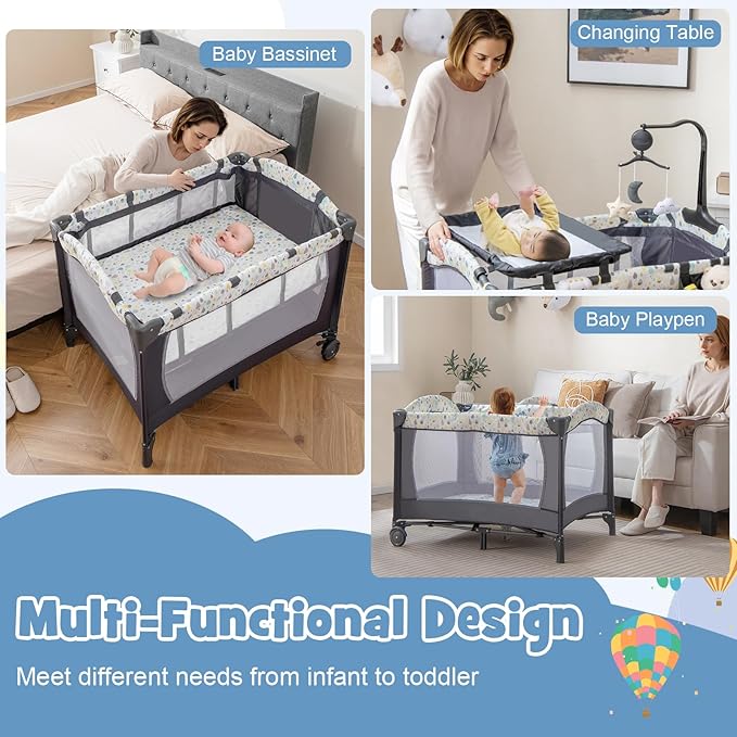 HONEY JOY Pack and Play, 4 in 1 Portable Baby Playard with Bassinet, Changing Table, Lockable Wheels, Music Box, Foldable Travel Baby Crib Nursery Center from Newborn to Toddler (Gray)