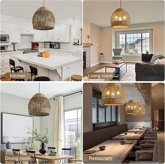 Rattan Pendant Light 13.39" Boho Coastal Hanging Wicker Hand-Woven Seagrass Chandelier for Kitchen Islands Farmhouse 3-Light