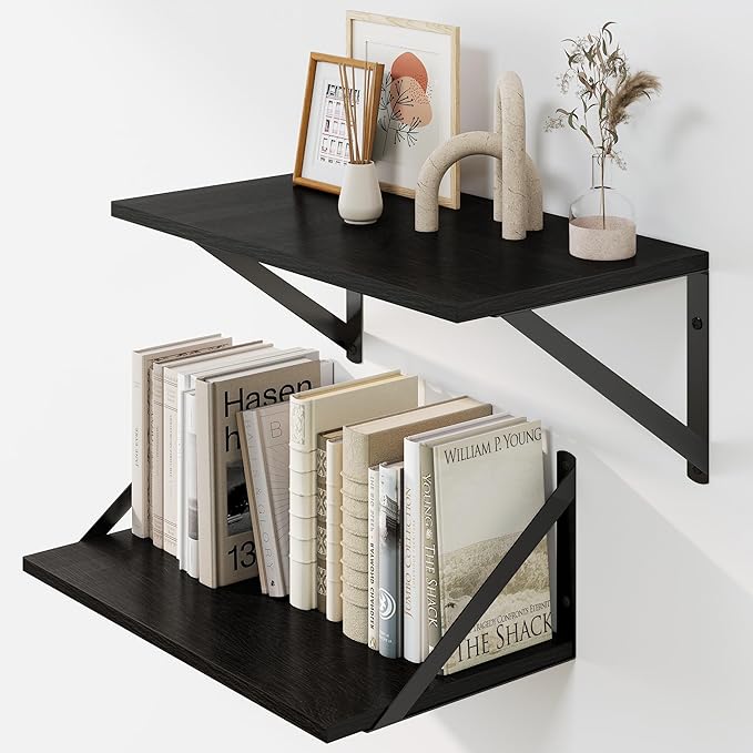 Heimlove Black Deep Floating Shelves for Wall, 16W x 8D Wood Wall Shelves Set of 2, Wide Floating Bookshelf for Living Room, Kitchen, Office, Bedroom and Decor Storage, with Metal Bracket - Black