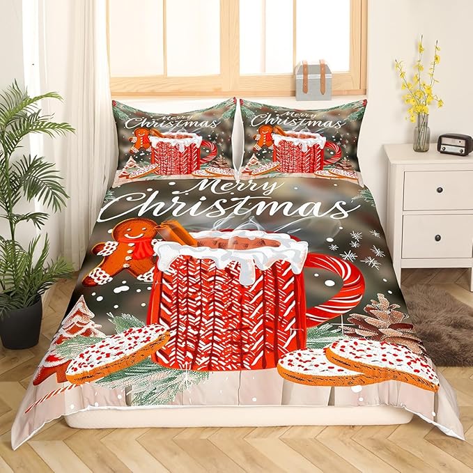 Manfei Christmas Duvet Cover Set King Size, Snowflake Pine Print Comforter Cover with 2 Pillowcases, New Year Theme Bedding Set 3pcs for Kids Boys Girls Bedroom Decor,No Comforter