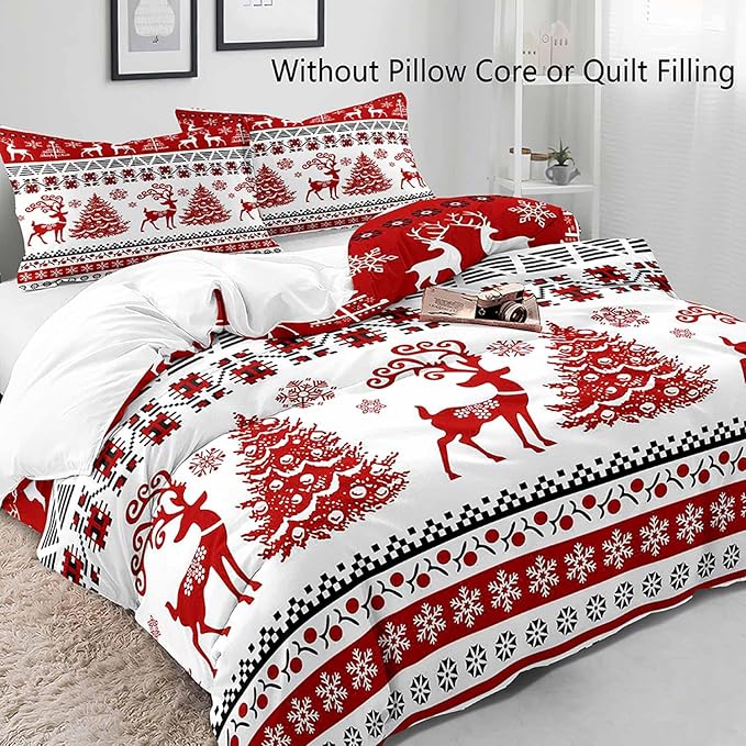 LUVIVIHOME 3PCS Christmas Duvet Cover Queen Bedding Set, Red and White Striped Duvet Cover, Reindeer Deer Christmas Tree Snowflake Winter Holiday Xmas New Year Christmas Comforter Cover 2 Pillow Shams