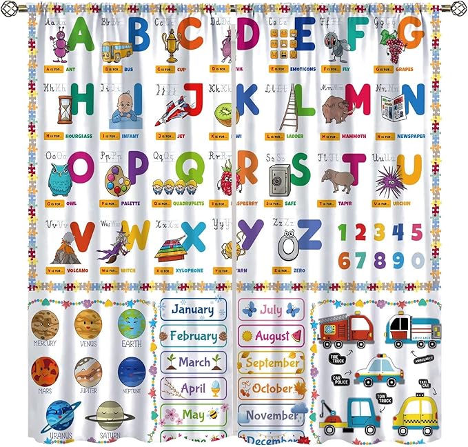 Alphabet Curtain for Kids Room ABC Letter Educational Learning Animal Number Printed Rod Pocket Blackout Window Drapes for Bedroom Playroom Classroom 55" W X 63" L