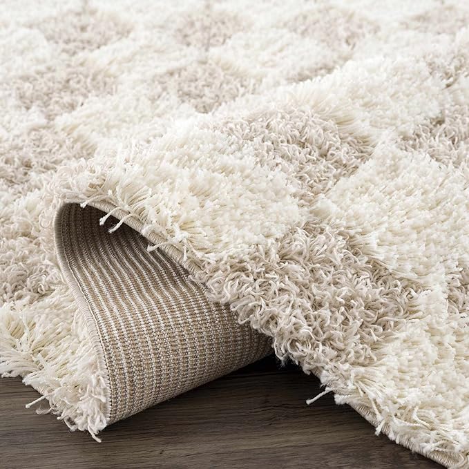 BoutiqueRugs Atira Checkered Shag Runner Rug - Cream, Light Beige, Light Brown - 2'7" x 12' Runner