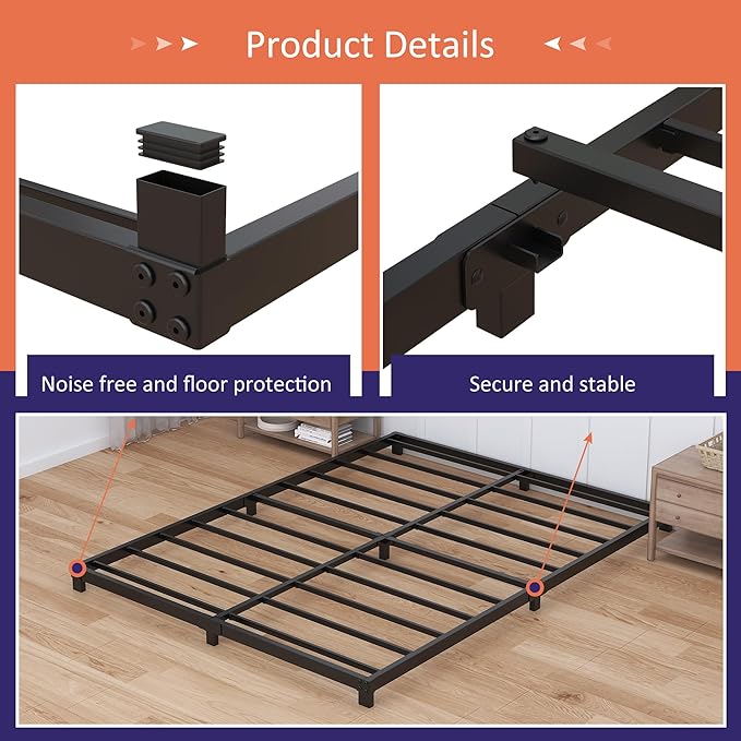 4 Inch Bed Frame Queen Size Low Profile, Queen Bed Frame No Box Spring Needed, Heavy Duty Metal, Easy Assembly, Black