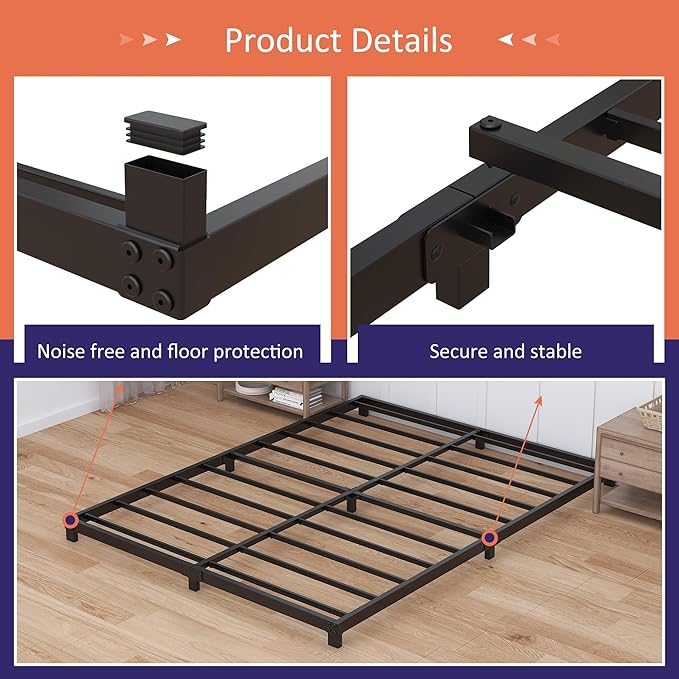4 Inch Bed Frame King Size Low Profile, King Bed Frame No Box Spring Needed, Heavy Duty Metal, Easy Assembly, Black