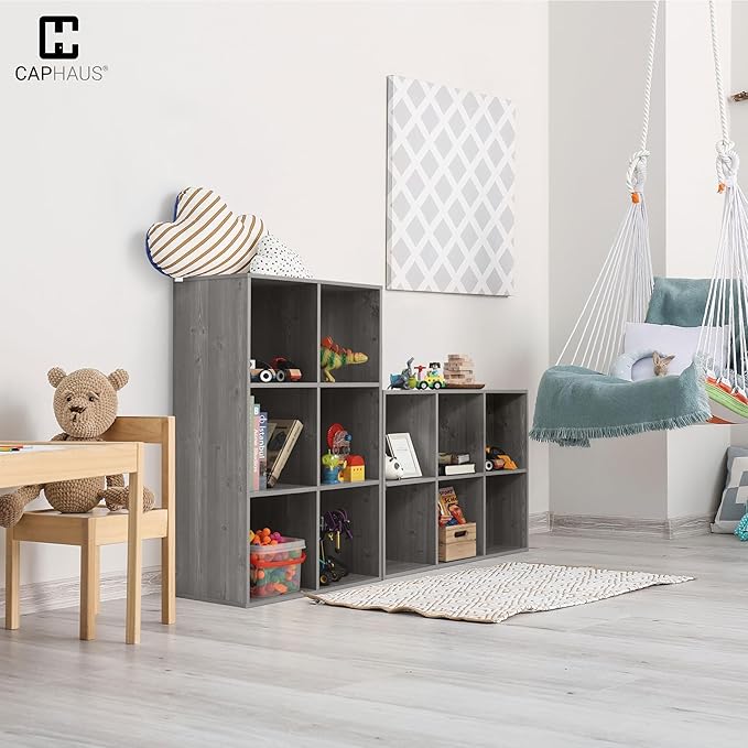 CAPHAUS 11-Inch Cube Storage Organizer Shelf, Home Storage Shelf Divider w/Back, 8-Cube Storage Bookcase, Greige Oak