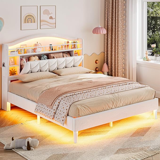 ADORNEVE Full Bed Frame with LED Lights, Princess Velvet Upholstered Platform Bed for Girls, Headboard with Charging Station & Guardrail & Crystal Button, No Box Spring Needed,Beige