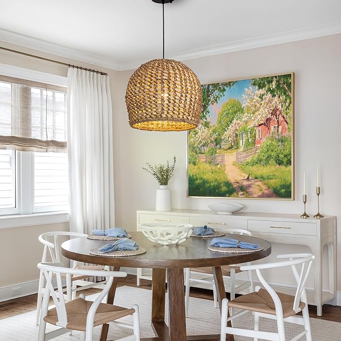 13.8inch Rattan Pendant Lighting, Brown Hand-Woven Dome Pendant Light Adjustable Boho Hanging Lamp Wicker Chandelier for Dining Room Kitchen Island Foyer Restaurant Bedroom Hallway
