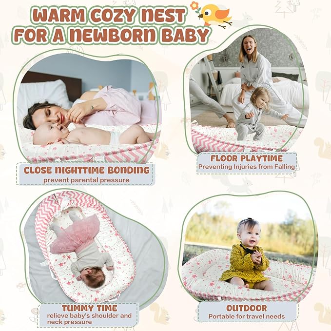 JIFTOK Baby Nests Lounger for Newborn, Snuggle Bassinet for 0-24M, Breathable Portable Co Bed, Baby Essentials Adjustable Infant Soft Cotton Loungers for Home & Travel -Pink Star