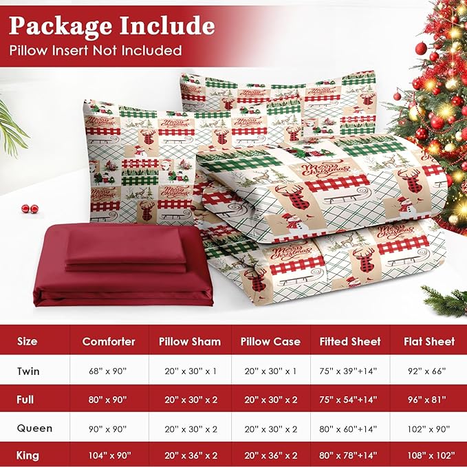 7 Pcs Full Size Christmas Comforter Set with 2 Pillowcases & 2 Shams, Winter Xmas Plaid Bedding for Kids and Adults, Cute Snowman Reindeer Bed in a Bag with Flat Fitted Sheet