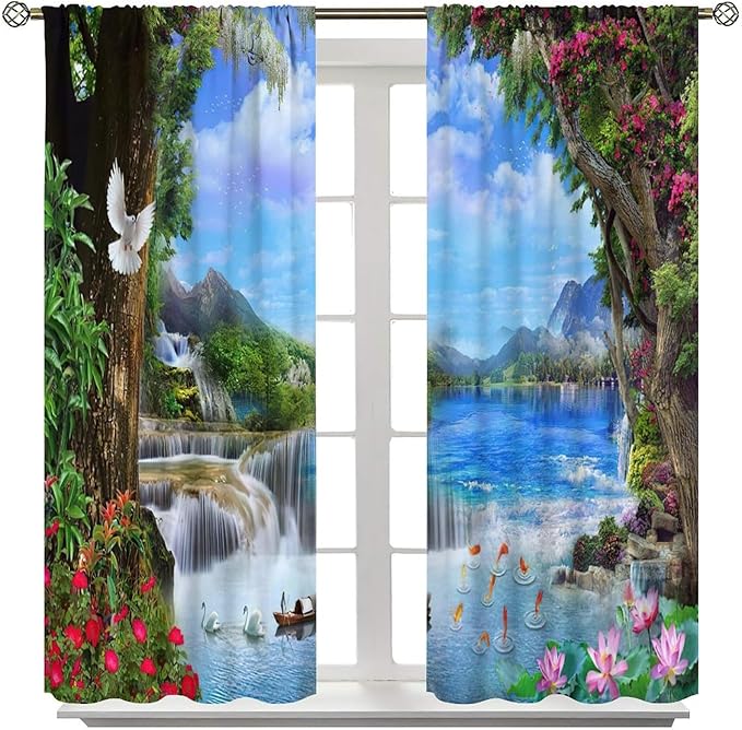 Spring Jungle Waterfall Blackout Window Curtains, Tropical Rainforest Floral Tree Waterfall Landscape Print Window Drapes, for Living Room Bedroom 63x63in 2 Panels